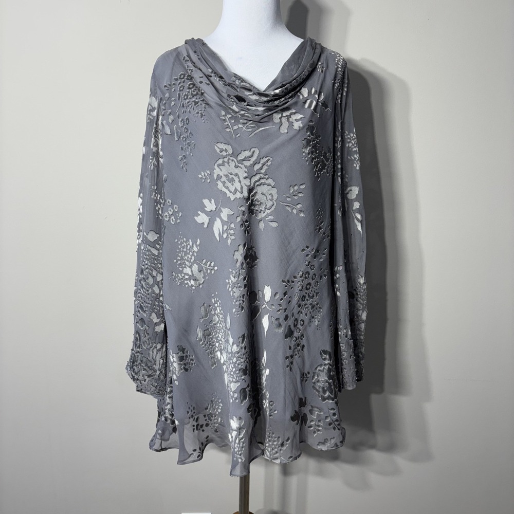 Papell Boutique Tunic Top Women Large Gray Beaded Floral Cowl Neck Sheer Holiday